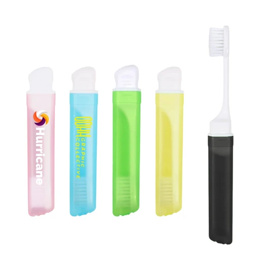 Transparent foldable handle toothbrushes in various colours: pink, blue, green, yellow, and black. Each has a logo.
