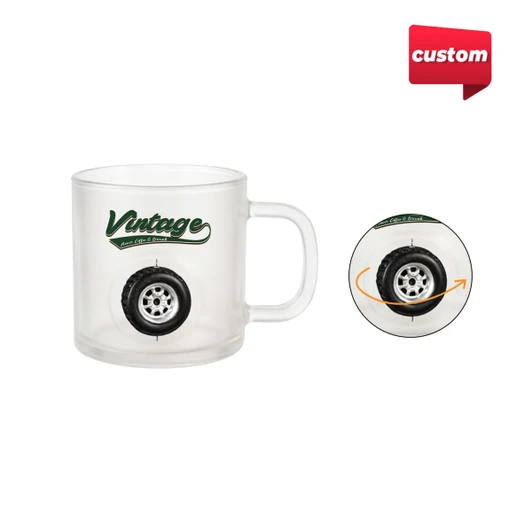 A frosted glass mug featuring a wheel design and a custom spinner toy, with a handle and logo.