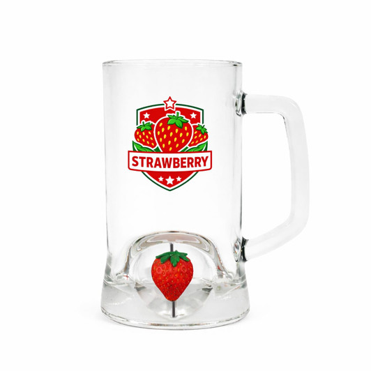 A clear beer glass with a handle featuring a logo and a custom spinner toy shaped like a strawberry inside.