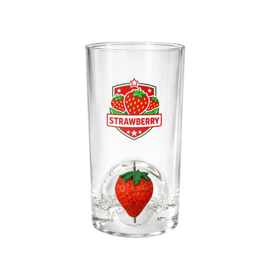 A clear glass cup featuring a strawberry design and a custom spinner toy shaped like a strawberry.