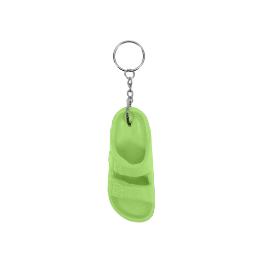 A green slide sandal keyring pendant with a metal keyring attachment.