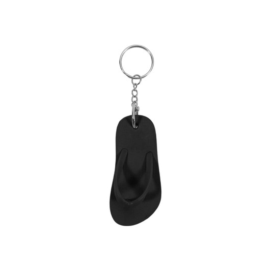 A black thongs-shaped keyring with a silver keychain attachment.