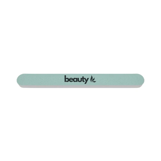 A double-sided polished nail file in a soft green and white colour, featuring a logo.