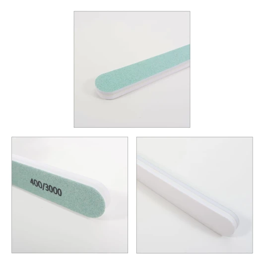 A double-sided polished nail file featuring a light green sanding surface and a white body. It has a branded logo.