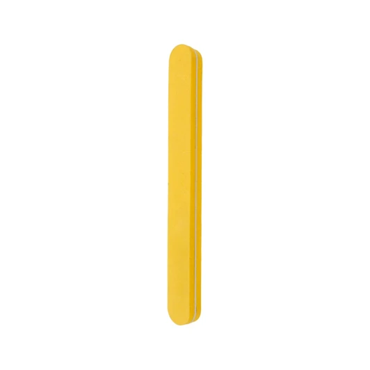 A yellow sponge straight shape nail file with a smooth, elongated design. It features a logo on one side.
