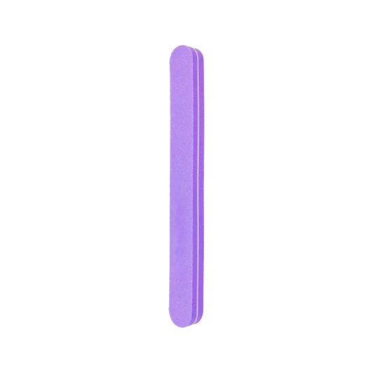 A sponge straight shape nail file in purple, featuring a smooth surface and rounded edges. It includes a logo.