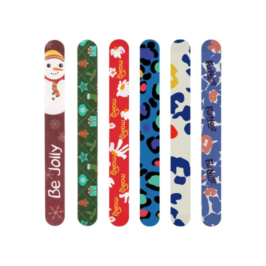 A collection of six colourful sandpaper nail files featuring various festive and playful designs.
