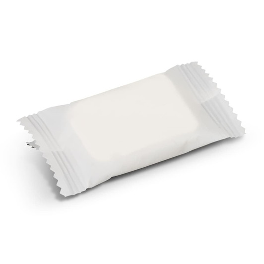 A white compressed towel packaged in a small, clear plastic wrapper. The package features a simple design.