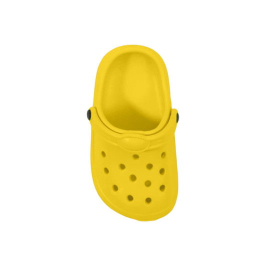 A yellow clog shoe-shaped charm featuring ventilation holes and a strap across the top.