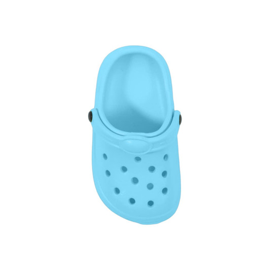 A light blue clog shoe-shaped charm featuring ventilation holes and a black button detail.