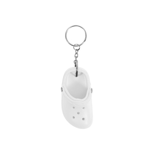 A white clog shoe keyring with a metal chain and keyring attachment.