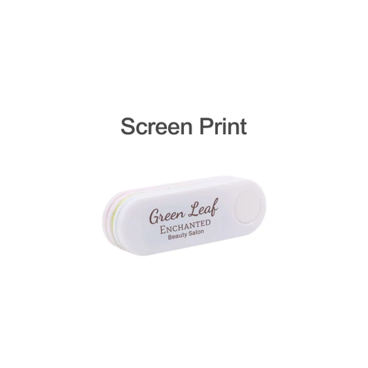 A foldable nail file block in white with pink, green, and yellow accents, featuring a logo.