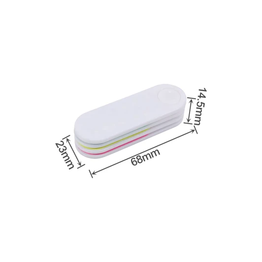 A foldable nail file block in white with green, pink, and yellow layers, measuring 68mm by 23mm by 14.5mm.