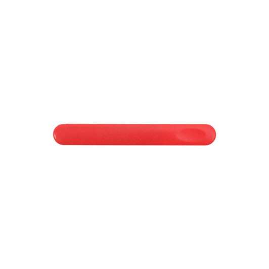A red nail file with a smooth surface and rounded edges. It features a simple design with a branding logo.