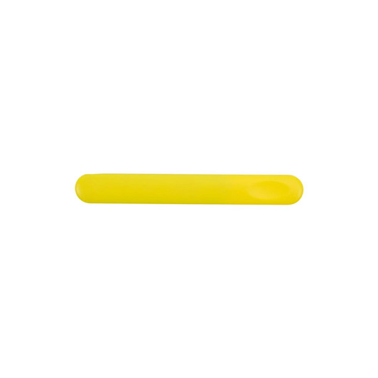 A bright yellow nail file with a smooth, elongated design and a rounded edge. It features a logo on one side.