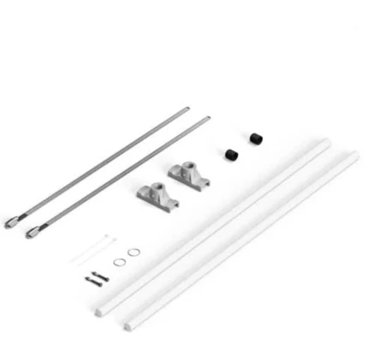Light pole banner kit featuring silver poles, white banners, brackets, and various accessories for installation.