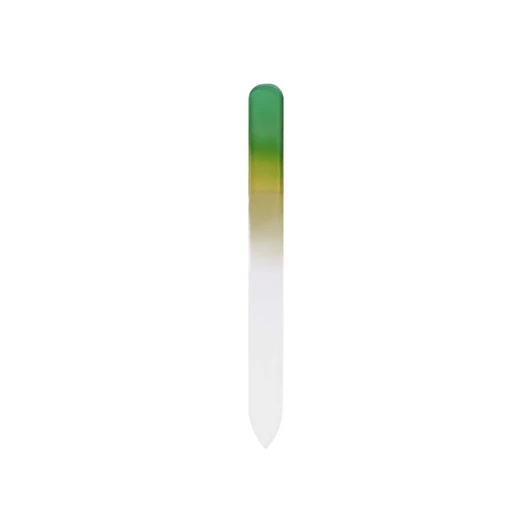 A gradient coloured glass nail file featuring green and yellow hues, transitioning to clear at the end.
