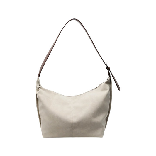 A cream-coloured tote bag with a brown shoulder strap and a smooth finish. It features a simple design and has a logo.