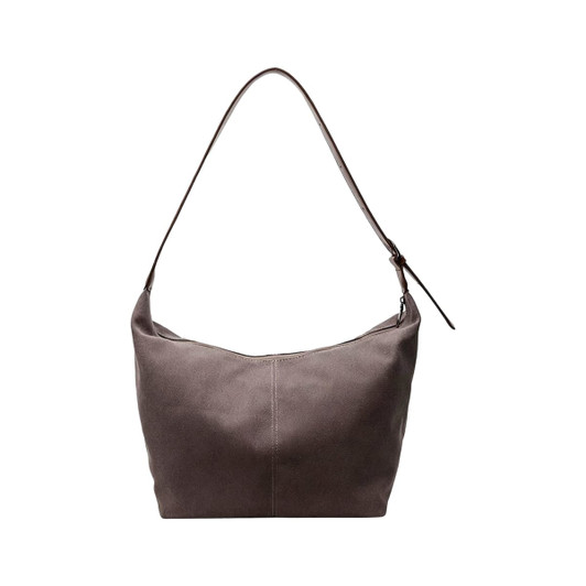 A grey canvas tote bag with a single shoulder strap and a zip closure, featuring a logo on the front.