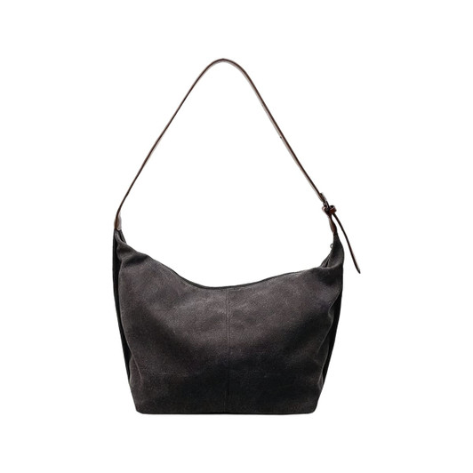 A dark grey canvas tote bag with a single brown leather strap and a minimalist design. Features a logo.