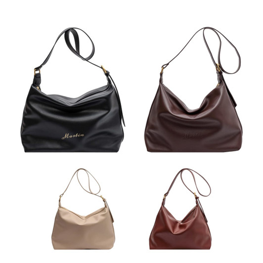 A set of four tote bags in black, brown, beige, and burgundy, featuring a slouchy design and a shoulder strap.
