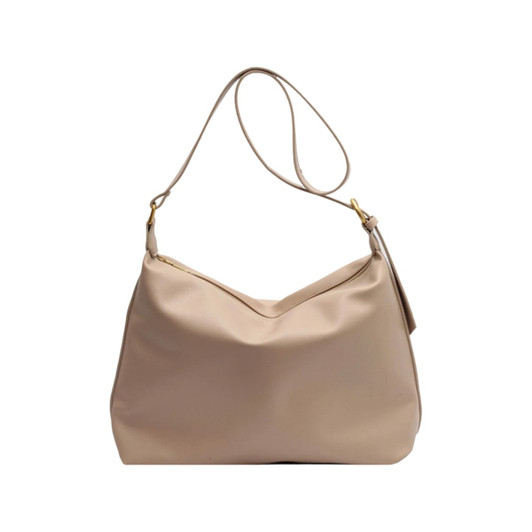 A beige polyurethane tote bag with a single strap and a zippered closure, featuring a branding logo.