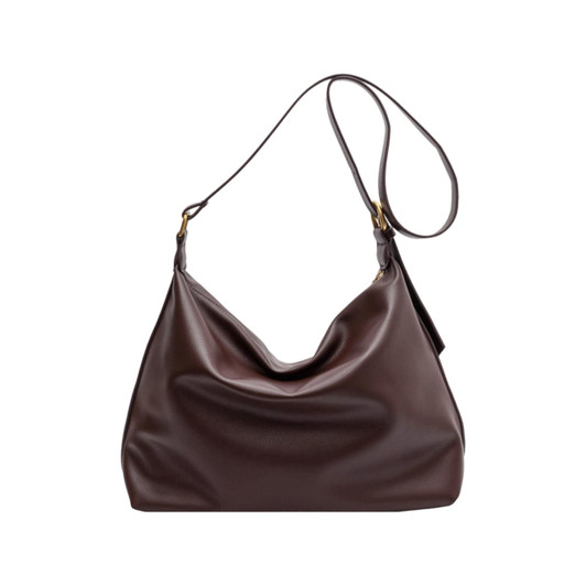 A brown polyurethane tote bag with a slouchy design and a single shoulder strap. It features a logo.