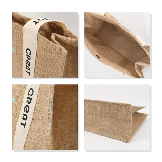 A jute tote bag in natural colour featuring custom handles and an interior view. The bag has a logo on the handle.