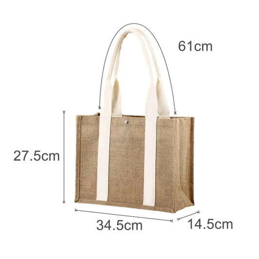 A jute tote bag in natural beige with white handles, featuring measurements for size reference.