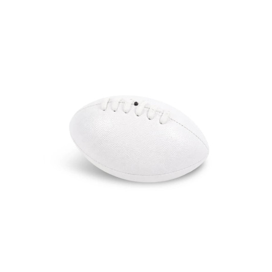 A Mini Aussie Rules Ball in white, featuring textured surface and stitching details, with a small branding logo.