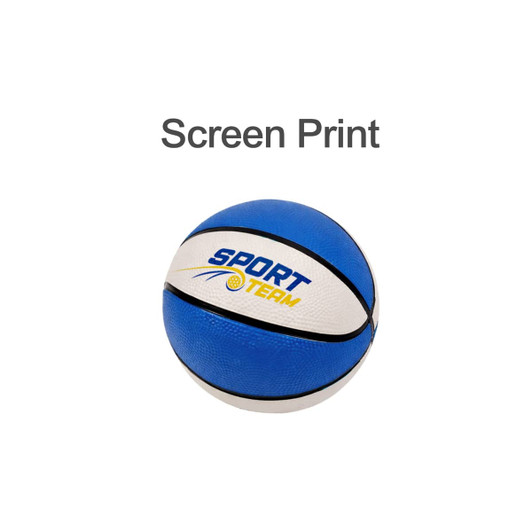 A mini promotional basketball featuring blue and white panels, with a logo printed on it.