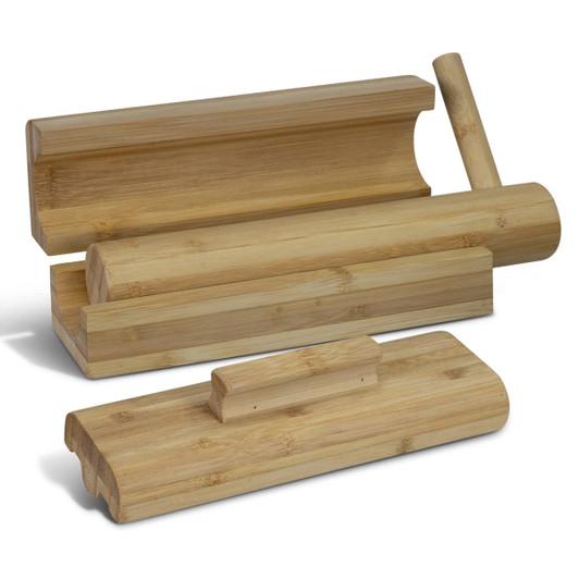 A bamboo sushi maker set featuring various shapes and sizes in a natural wood finish. Includes a rolling tool.