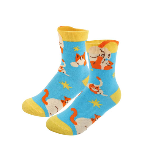 Bright blue crew socks featuring playful ear-shaped cat patterns, with yellow trim and heel accents.