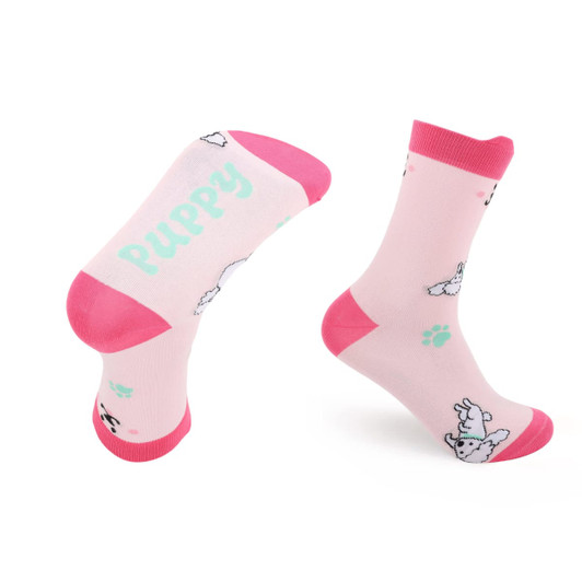 Two pairs of pink and white crew socks featuring playful puppy designs and a light blue text pattern.