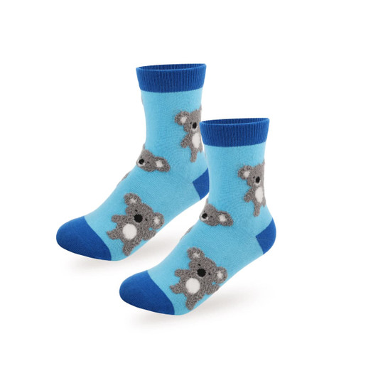 A pair of blue socks featuring grey koala patterns with white details. Suitable for kids and soft in texture.