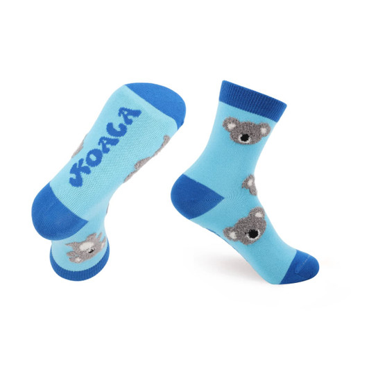 A pair of blue socks featuring koala designs and a logo, with grey accents and playful patterns.