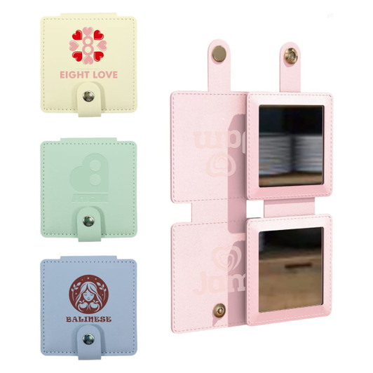 A square folding pocket mirror in pastel pink, with additional mirrors in mint green and light blue. Features a logo.