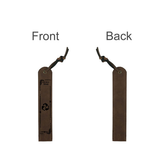A vintage-style bookmark in a brown leather finish, featuring a decorative print and a leather tie at the top.