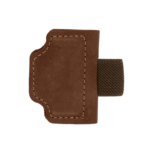 A brown magnetic bookmark with a pen clip, featuring stitched detailing and a textured strap.