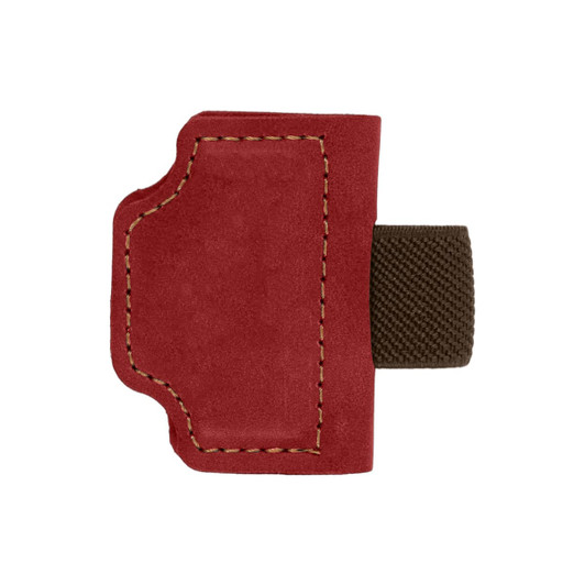 A magnetic bookmark in red suede with a brown pen clip attached, featuring stitched detailing and a logo.