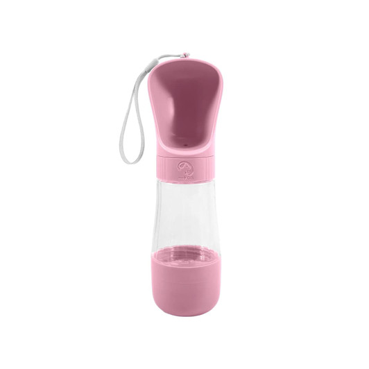 A pink drink bottle with a built-in food container and a matching strap. It features a logo on the side.