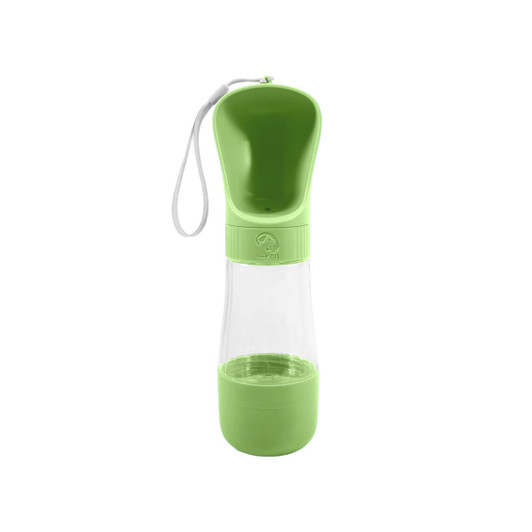 A drink bottle and food container in green, featuring a top compartment for water and a lower section for food, with a strap.