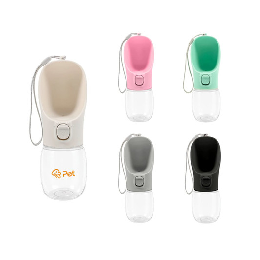 A drink bottle for pets in pink, mint, grey, black, and beige, featuring a logo and a leash attachment.
