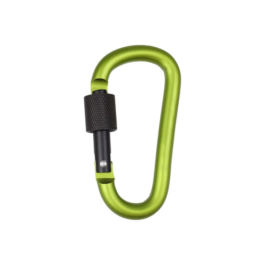 A green D-shaped screw lock keychain with a black locking mechanism and a smooth finish.