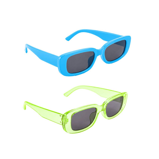 A pair of vintage rectangle sunglasses in blue and transparent green, featuring dark lenses and a logo on the arm.