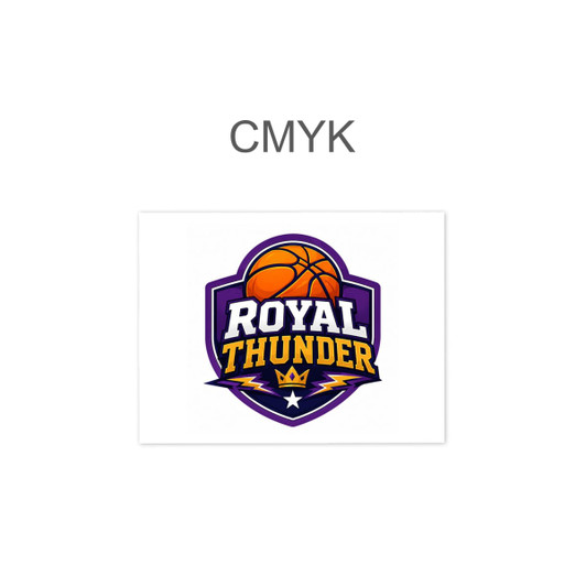 A purple and gold logo featuring a basketball, with the words "Royal Thunder" and a crown design.