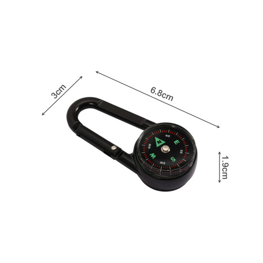 A black carabiner with a built-in compass and thermometer, measuring 19cm in length and 3cm in width.