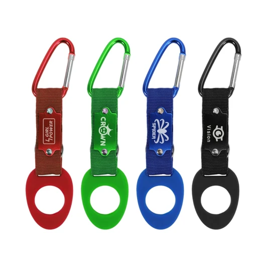 A drink bottle holder with a carabiner clip, featuring red, green, blue, and black colours. Each has a logo.