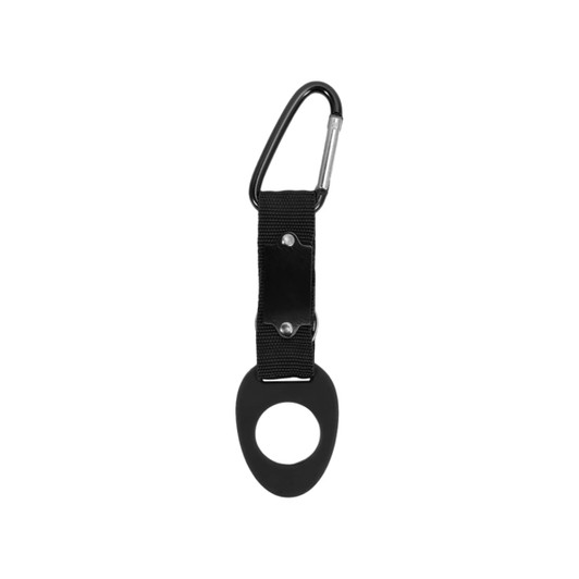A drink bottle holder in black with a carabiner clip, featuring a rubber ring for securing the bottle.