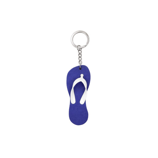 A purple and white flip-flop shaped keychain with a metal chain and keyring attachment.